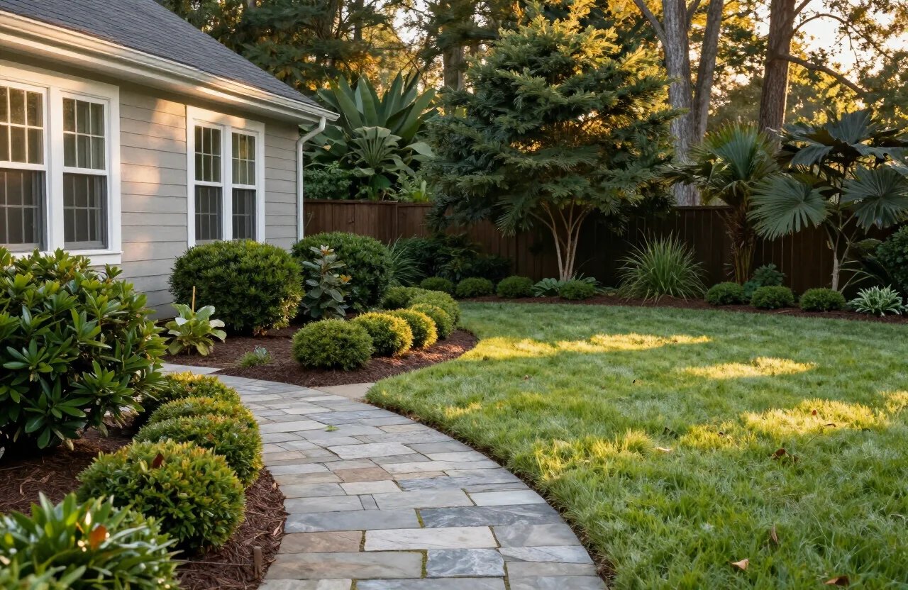 Illustrative photo of a manicured backyard garden with a stone path and green lawn