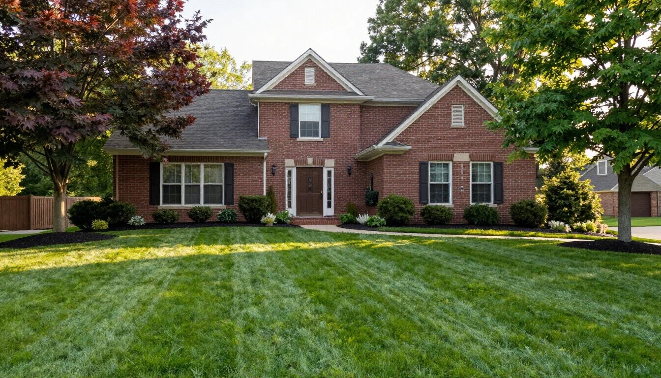 Illustrative photo of a suburban home with a freshly mowed lawn and tidy garden beds