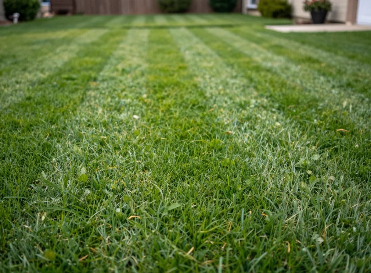 Illustrative photo of a healthy green lawn with crisp mowing stripes